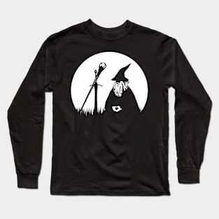 Moon Meditating Wizard - Minimalist Black and White Fantasy Silhouette Long Sleeve T-Shirt